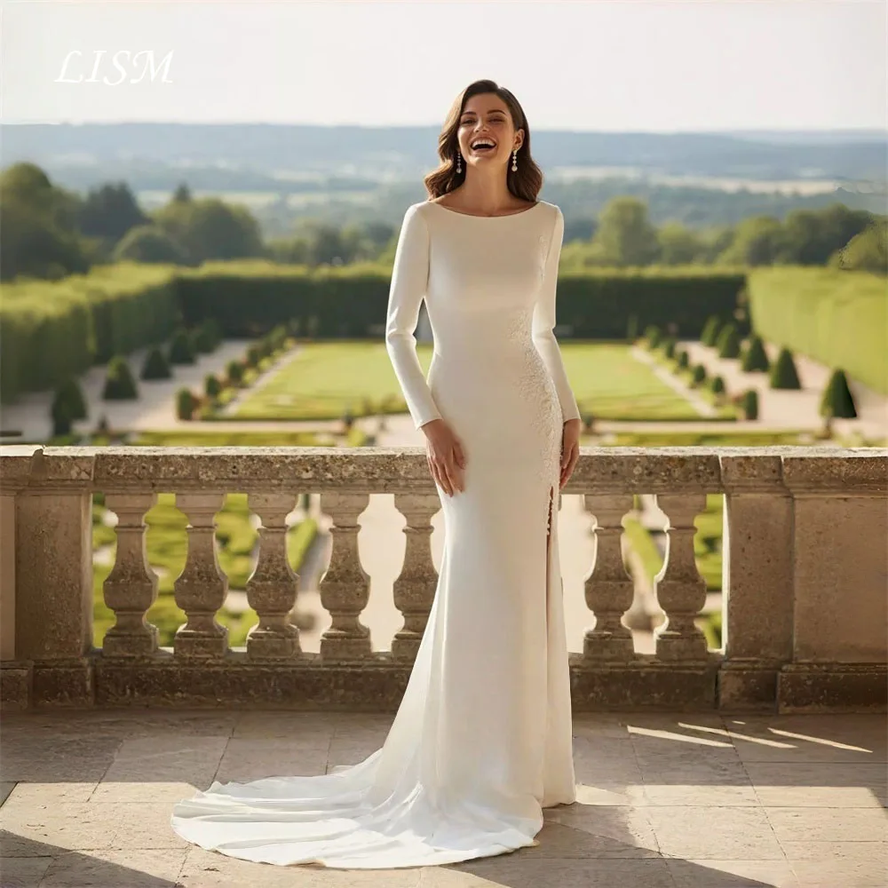 Vestido de Noiva Sereia Elegante LISM com Renda Aplicada, Manga Longa, Decote Redondo e Fenda, Coleção 2026 - Vestido de Noiva Personalizado