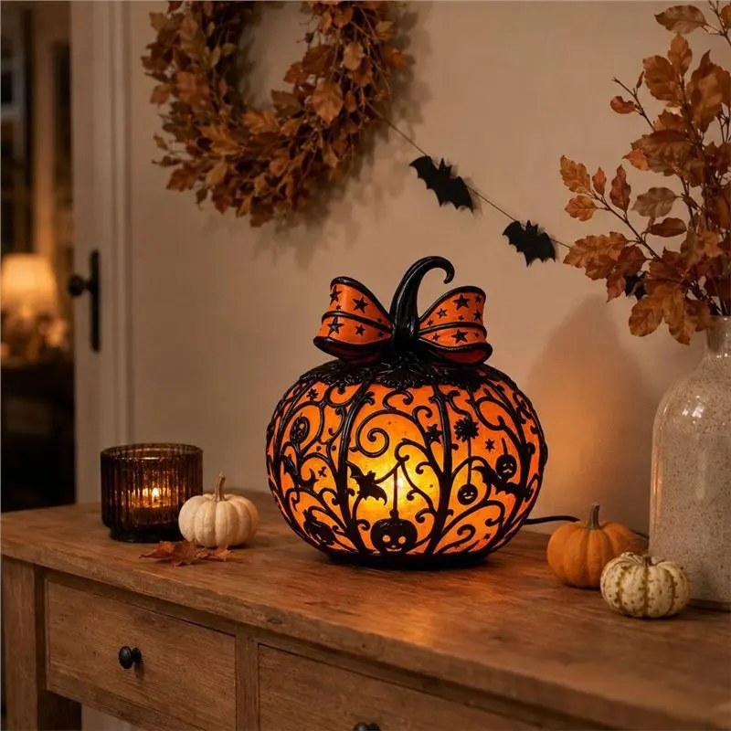 ABDJ-Pumpkin Halloween Lamp Stained Resin Lamp Decorations Home Party Halloween Pumpkins Ornaments,Plug-In USB Power