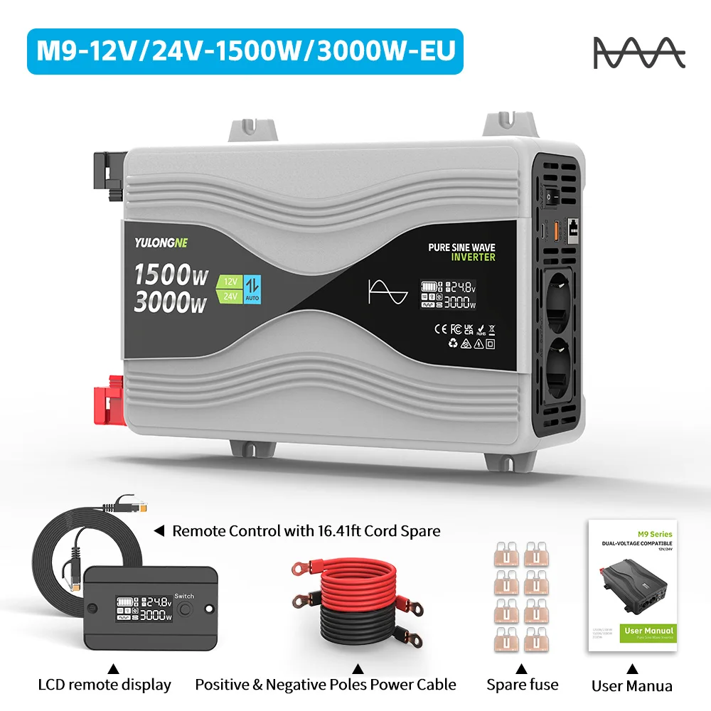 Peak 3000W(12V) 6000W(24V) Pure Sine Wave Power Inverter Auto‑recognition 12V 24V DC‑230V AC EU Socket LCD Remote Kit For RV Sol