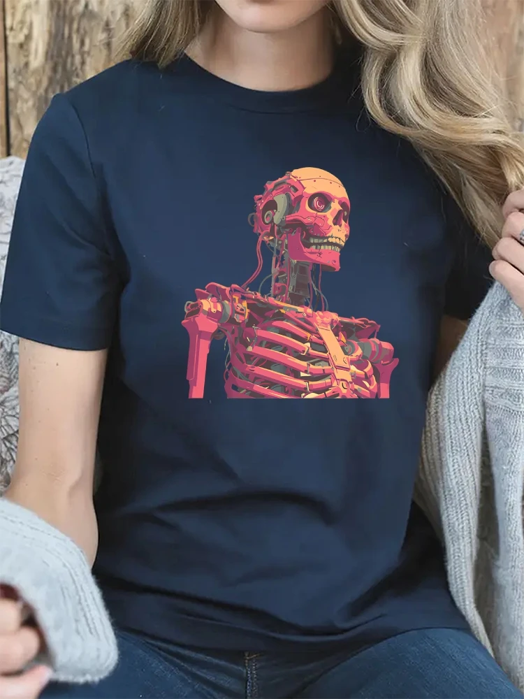

Summer Women's America Style T-Shirt O Neck Short Sleeve Cotton Skelton Graphic Tees Y2k Clothes Harajuku Street Wear