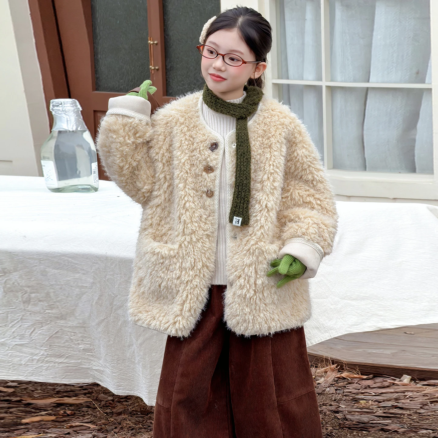 خمر مزيج الصوف معطف طويل الكورية القرن مشبك صوف الضأن معطف فتاة الشتاء زائد الصوف سميكة الفراء معطف واحد معطف فروي سن 4-14y