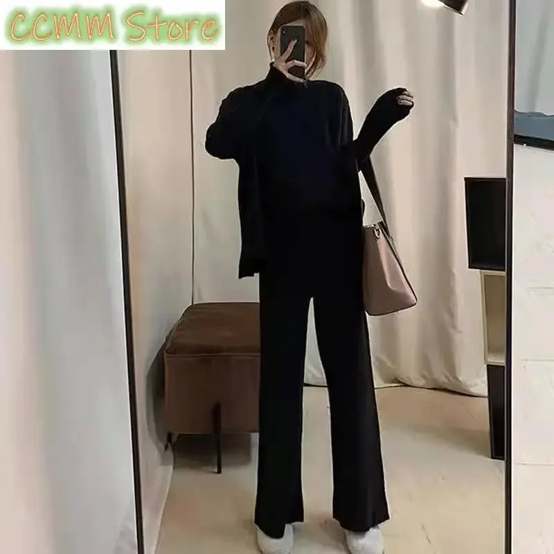 New Wool Blend Suit Women'sAutumn and Winter Two-Piece Suit Knitted Wide-LegPants Half CollarTop Vest Outer WearThree-Piece Suit