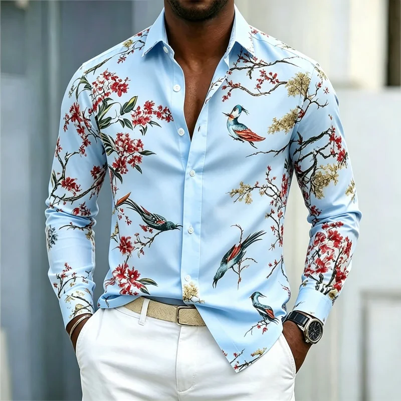 2026 new men's shirt collar long sleeved casual shirt floral bird print long sleeved street style trendy men's business top
