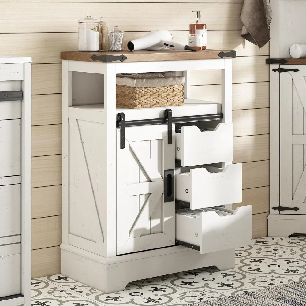 

24 Farmhouse Floor Cabinet, Storage Cabinet with 3 Drawers & Adjustable Shelf, Sliding Barn Door, for Bathroom, Kitchen