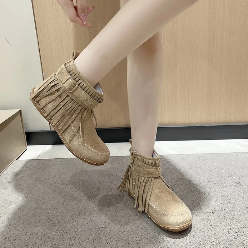 Women's Ankle Boots Flat Round Toe Suede-Look Fringe Tassels Side Zipper Buckle Strap Stud Details Casual Daily Walking Shoes
