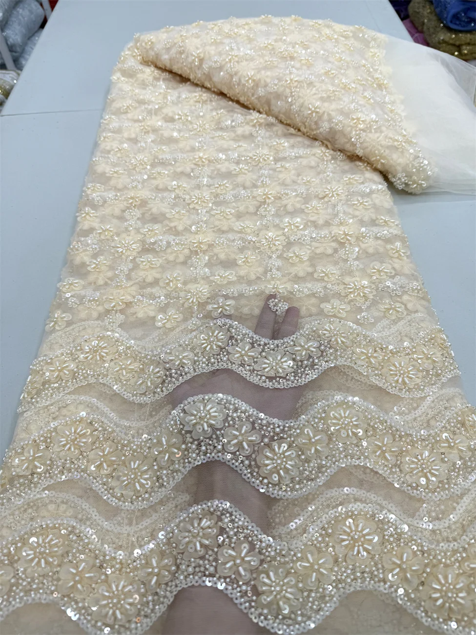 Latest French Beaded Tulle Lace Fabric 2025 High Quality African  Groom Lace Fabrics Sequins Nigerian For Wedding Dress