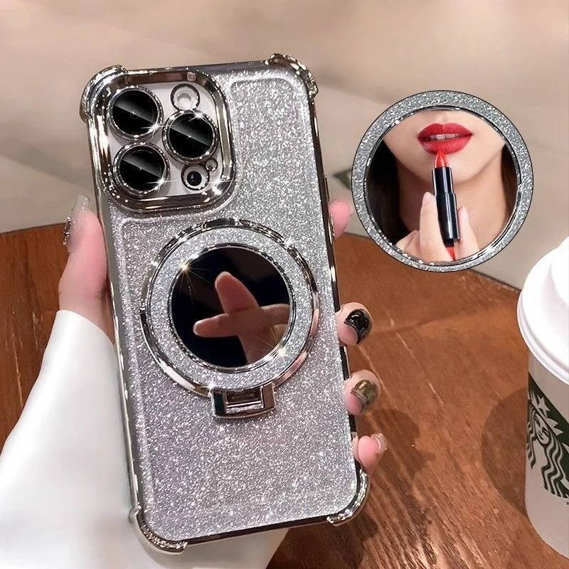 For iPhone 16 Pro Max Luxury Plating Frame Flash Mirror Stand Holder Phone Case For iPhone 11 12 13 14 15 Plus Protective Cover