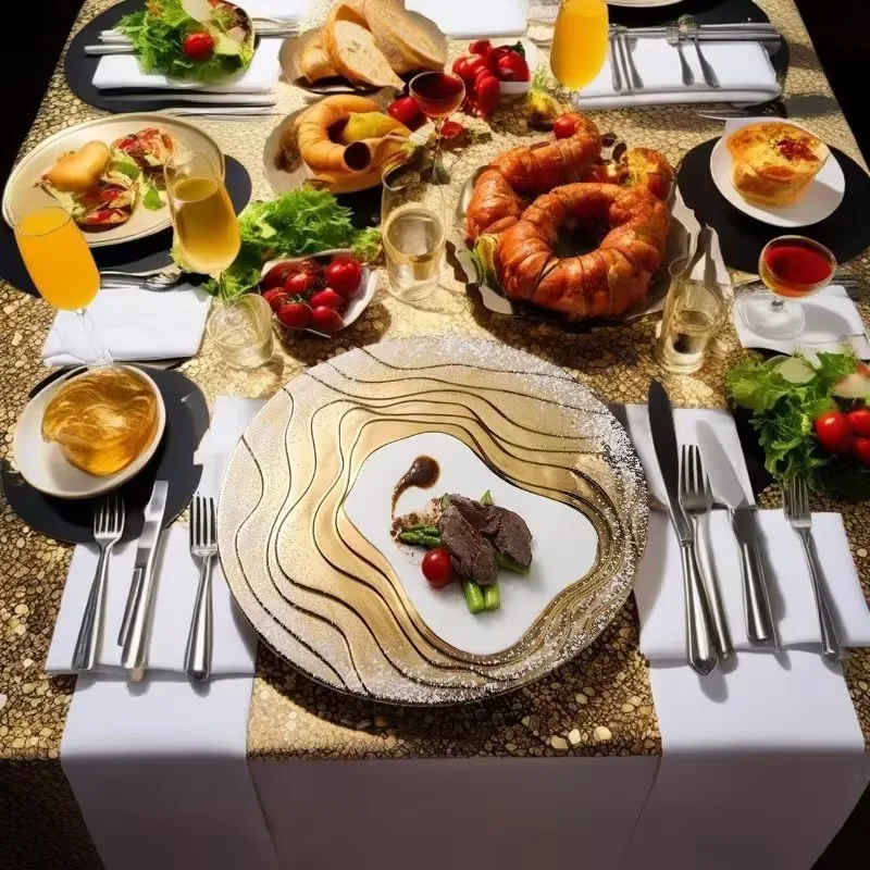 Gold Border Round Ceramic Dinner Plate Hotel Restaurant Cutlery Art Valley Shape Porcelain Western Dinner Plate Cooking Dishes