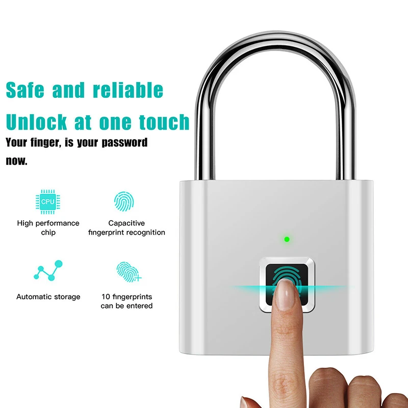Keyless USB Charging Door Lock Fingerprint Smart Padlock Quickly Unlock Zinc Alloy Metal Self-imaging Chip 10 Fingerprints
