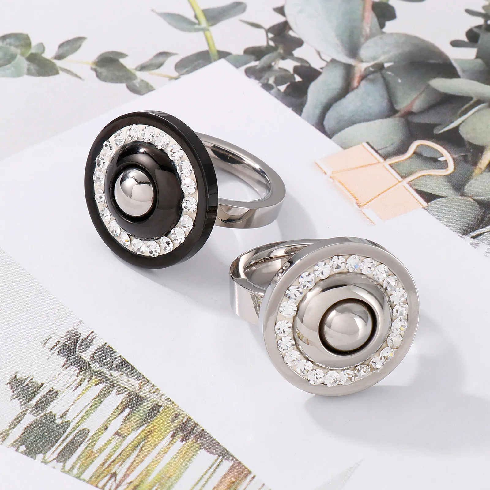Kalen Stainless Steel Women Rings Jewelry Vintage Zircon Party Rhinestone Bright Black White Rings Never Fade Jewelry Gift
