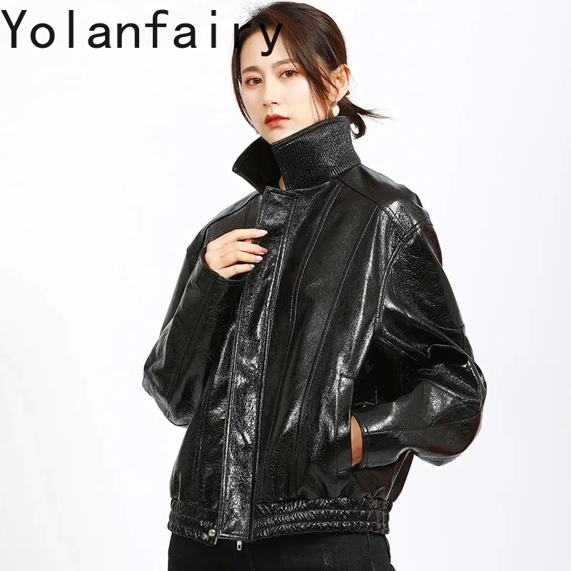 Veste en peau de mouton véritable High Street pour femme, 2023 cuir véritable, manteau en cuir, vêtements de motard, col montant, SGG, mode