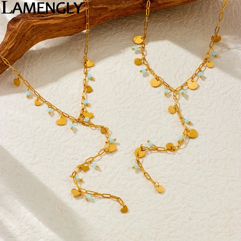 

LAMENGLY 316L Stainless Steel Blue Bead Heart Small Circular Disc Tassels Pendant Necklace For Women Girl Exquisite Neck Chain