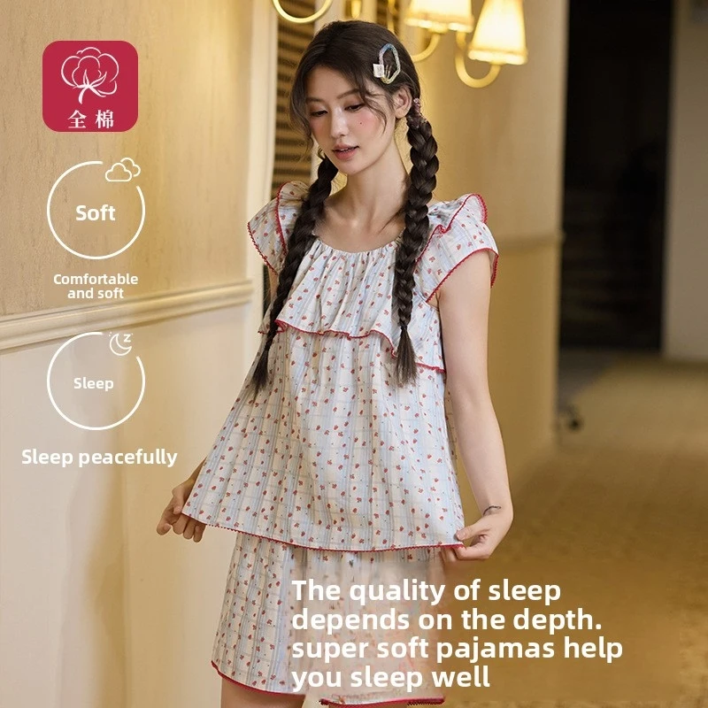 

Pure cotton double-layer gauze suspender pajamas, pastoral style with small flutter sleeves, thin and cute all-cotton home wear