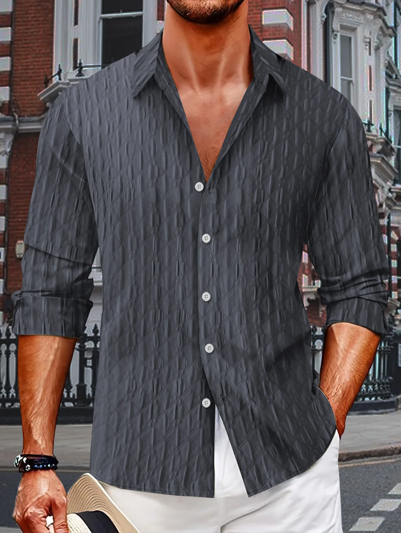 Spring and AutumnNew Fashion Men's Plaid Single-breasted Shirt Men's Jacquard Lapel Long-sleeved Shirt Daily Casual Top