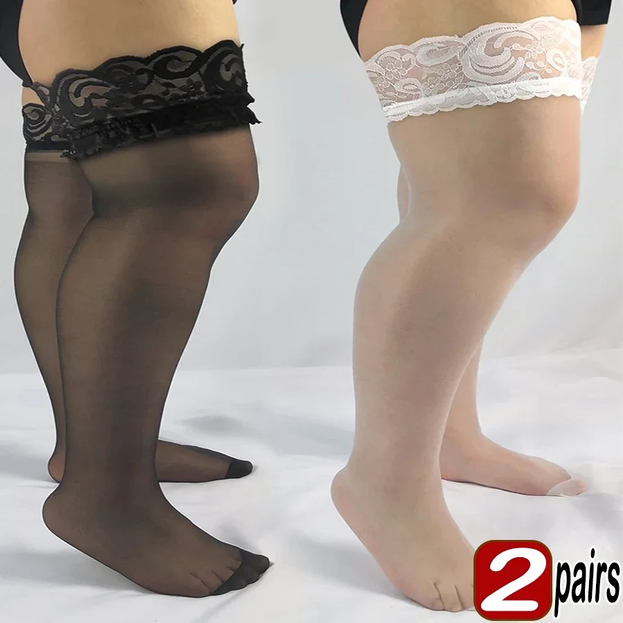 1/2Pairs Plus Size High Elastic Stockings for Women Sexy Lace Thigh High Socks Anti-slip Pantyhose Top Over Knee Fishnet Sock