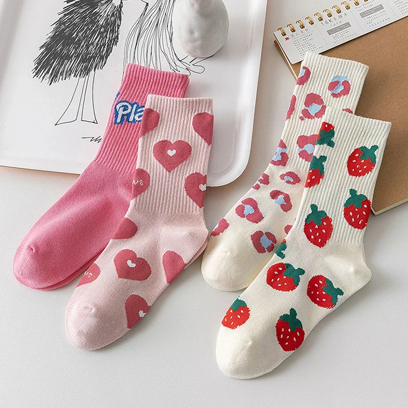 Cute Harajuku Strawberry Love Sweet Socks Middle Tube Breathable Fashion Autumn And Winter Casual Socks