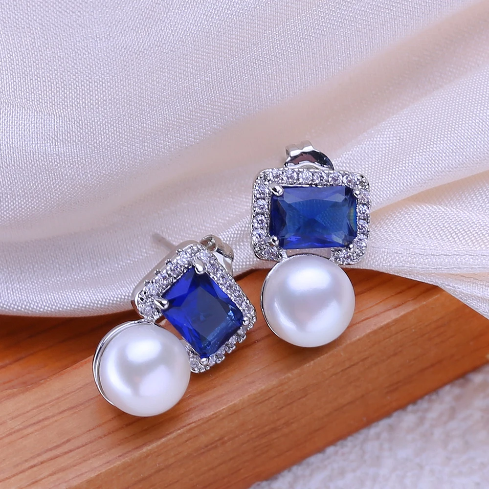 FENASY 925 Sterling Silver Natural Freshwater Pearl Earrings Engagement jewelry Sapphire Bohemian Stud Earrings For Women
