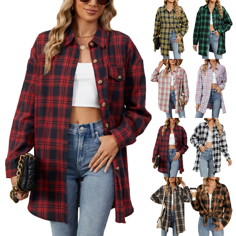 

2025Popular2025Hot-Selling New European and American Style Autumn Winter New Turn-Down Collar Brushed Striped Long Sleeve Shirt