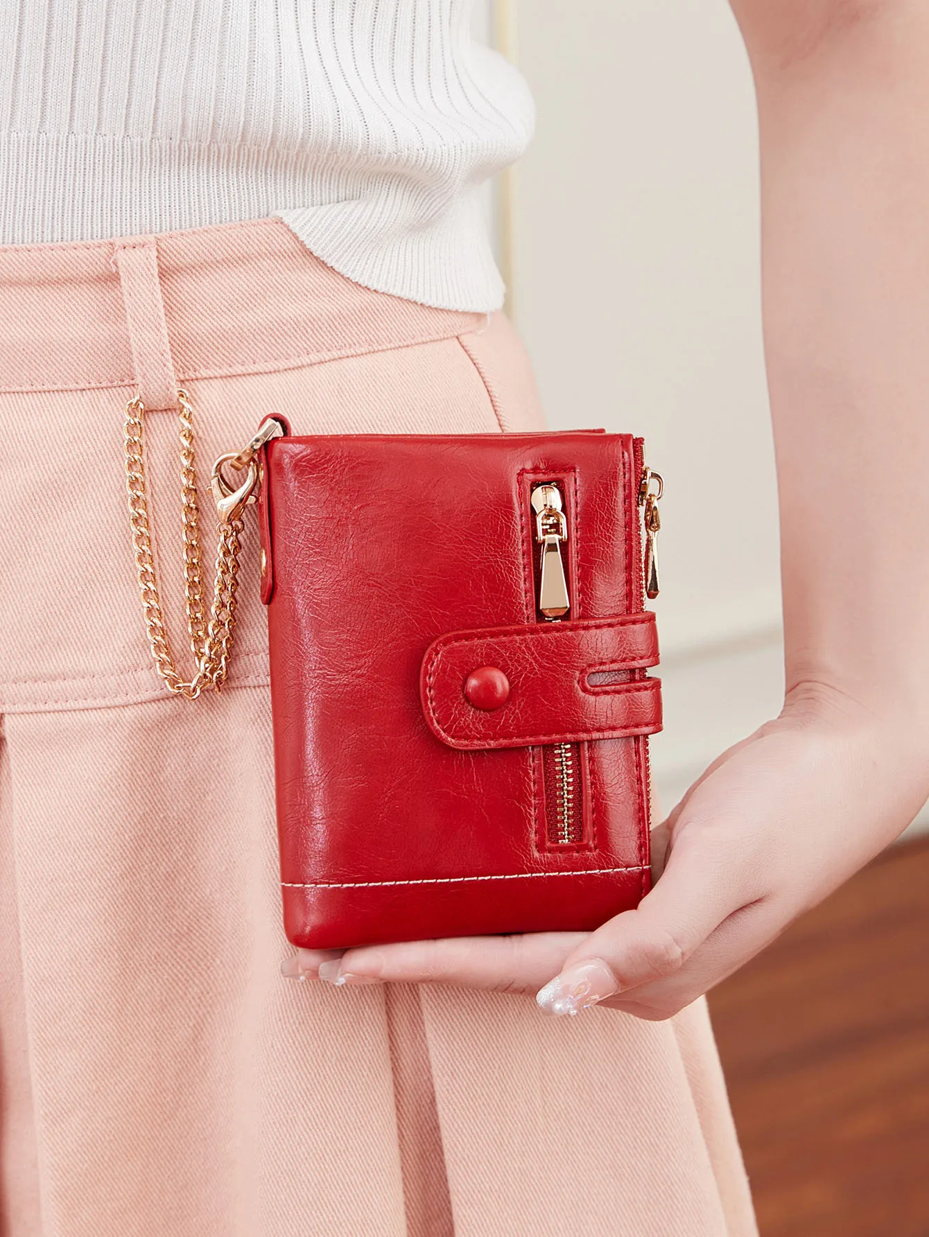 

Classic and fashionable women's double zipper short wallet with detachable small card clip multifunctional three fold wallet