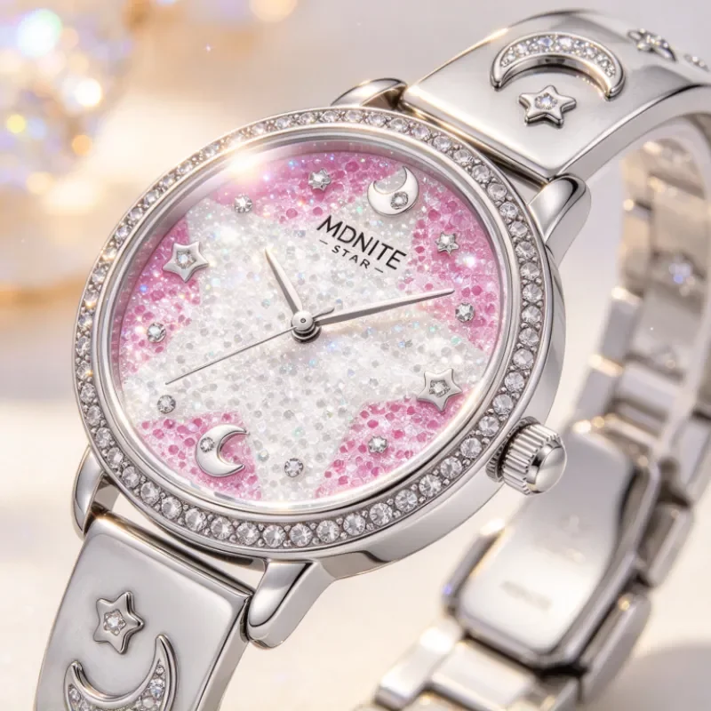 Midnite Star Women's Quartz Watch, Pink Star Moon Dial, Alloy Bangle Wrist Watch, Elegant Dress Watch for Girls Birthday Gift