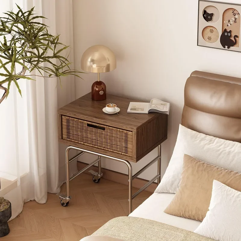 Narrow Rattan Bedside Table Antique Style Movable Nightstand Storage Rack for Bedroom Home Decor