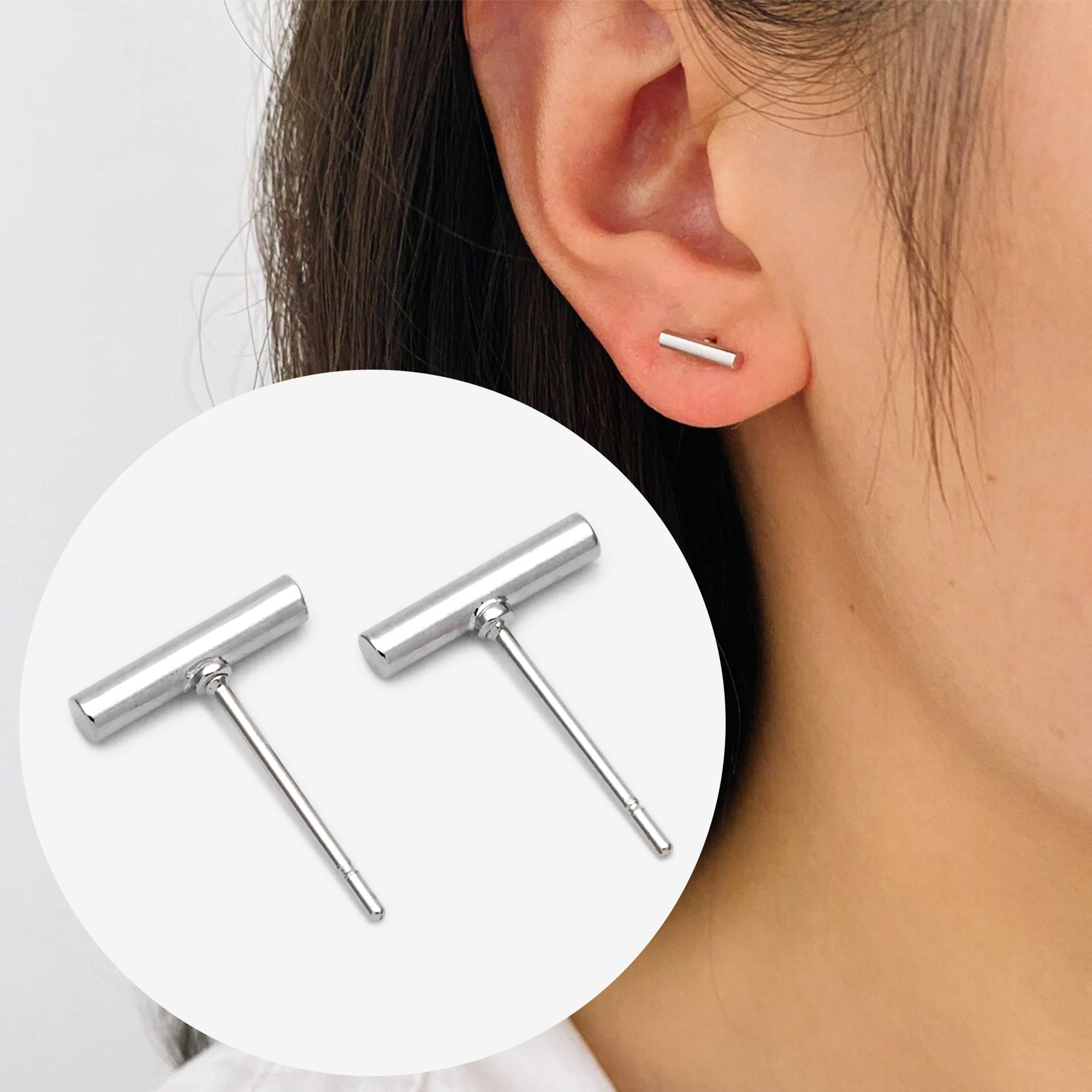 

10pcs Silver Tone Bar Ear Studs, Rhodium Plated Brass Stick Earrings (#GB-2369-2)