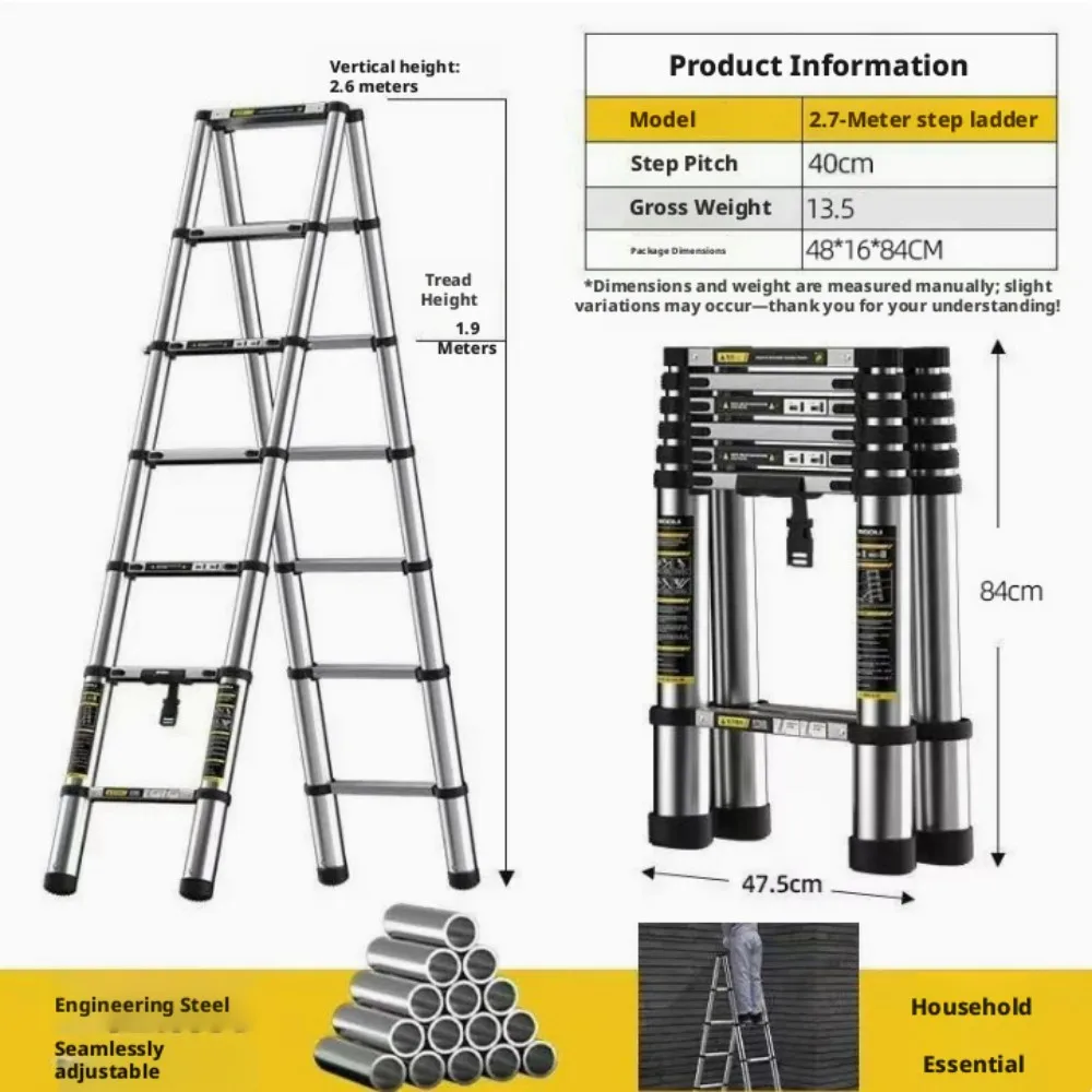 Imagen 3: Escalera telescópica de acero inoxidable, escalera plegable robusta multiusos tipo A, antideslizante, capacidad de carga 150 kg