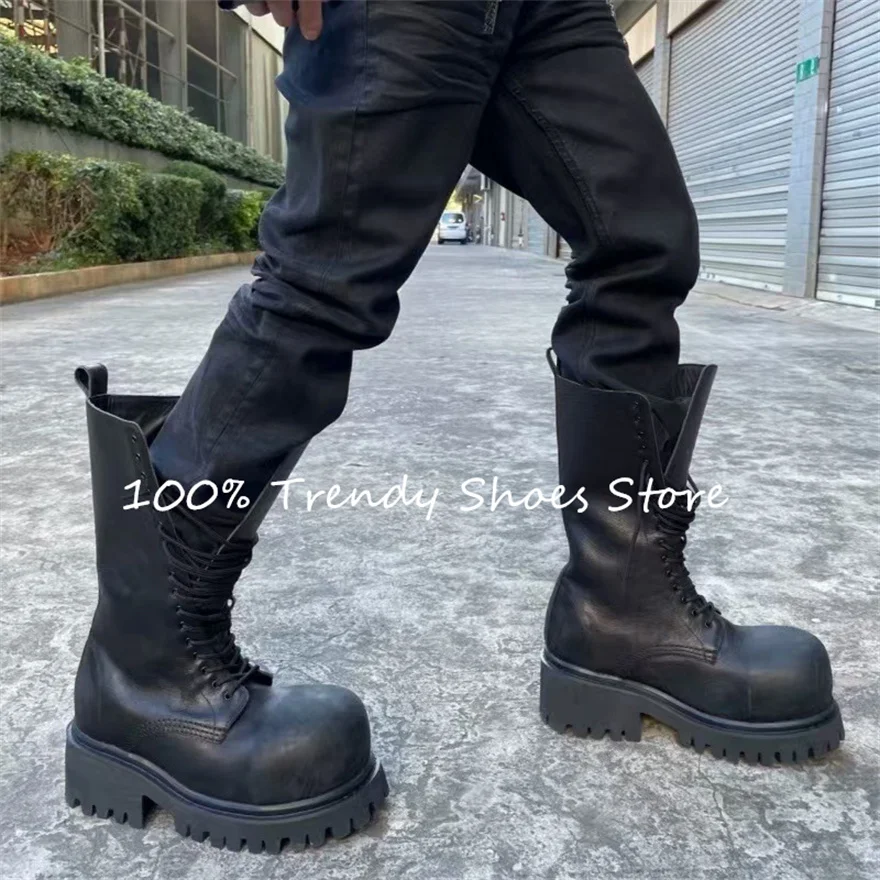 

Big Head Chunky Bottom Anti-Slip Motorcycle Boots for Men High Top Lace-Up Chunky Heel Mid-Calf Boots Fashion Male Outside Shoes