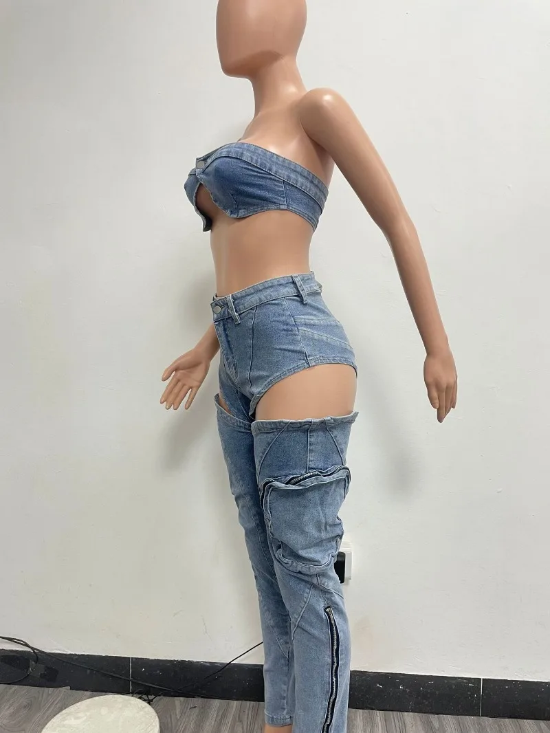 Vrouwen Sexy Stretch Denim Tweedelige Set Enkele Knoop Strapless Onregelmatige Crop Tops + Holle Zakken Cargo Broek Jeans Pakken