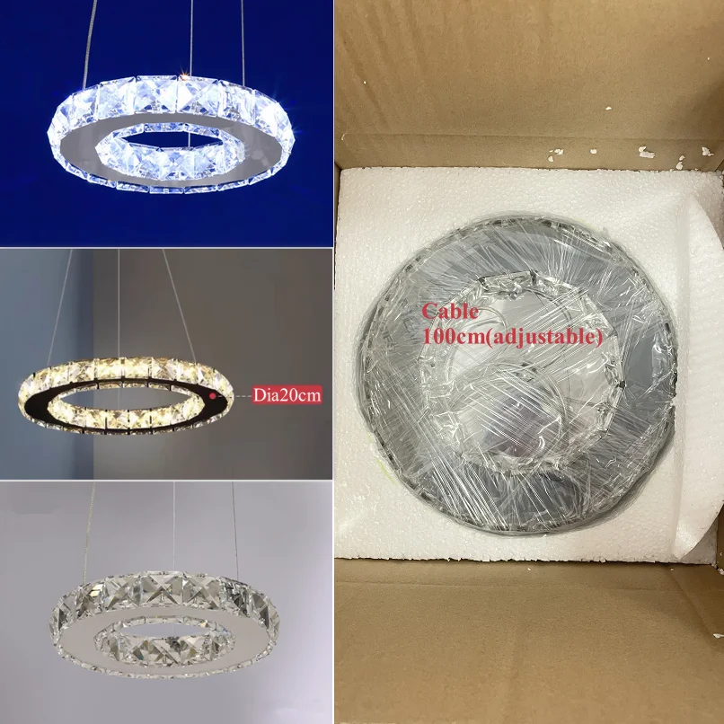 Silver Crystal LED Chips Crystal Lamp Lighting Fixture LED Circle Light Diameter 200mm Pendant in Bedroom Living Room Lustre De