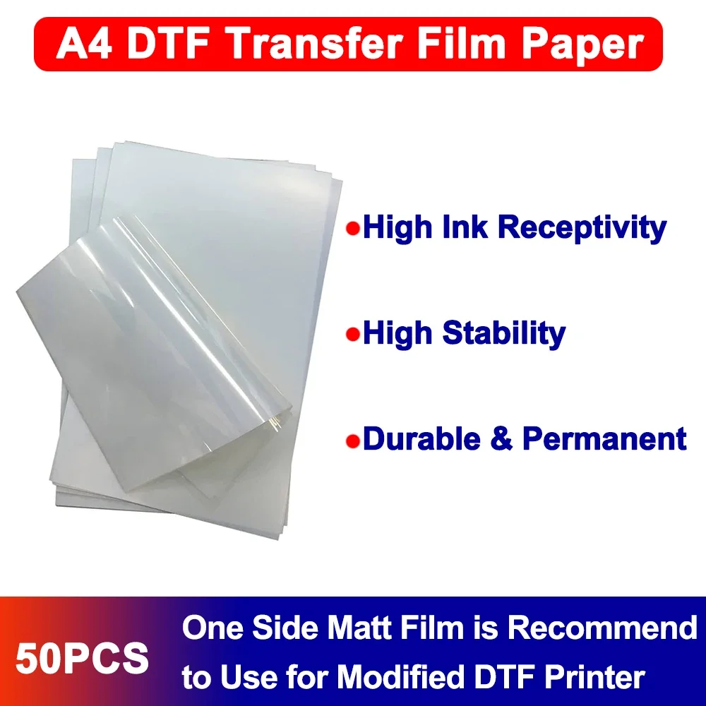 

50 Sheets High Quality A4 DTF Film Single-Side Water-Based Coating for DIY Direct to Film Printer on T-Shirts Textile Canvas
