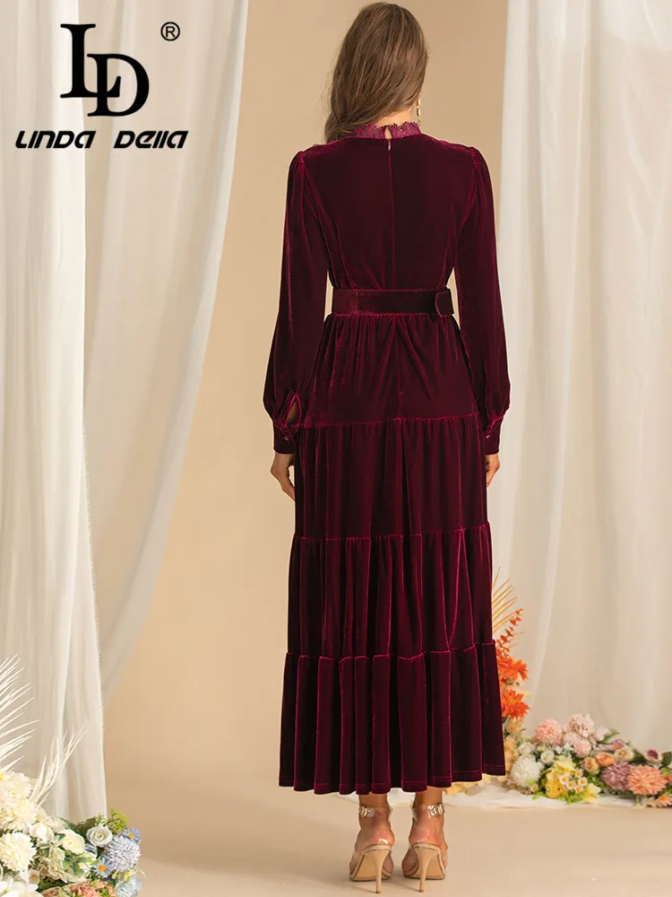 LD LINDA DELLA Autumn and Winter Fashion Dress Women Stand Collar Lantern Sleeved Lace Hollow Out Party Dresses With Belt