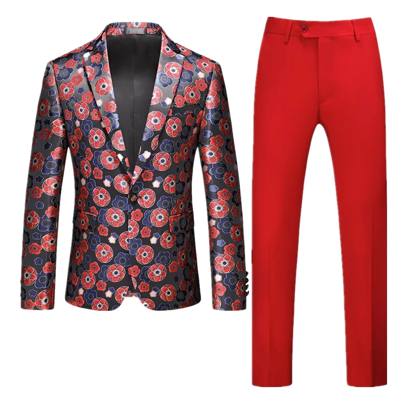 

New Men Flower Suit 2 piece Blue / Red / Gold Luxury Male Prom Party Jacquard Blazers and Pure Color Pants