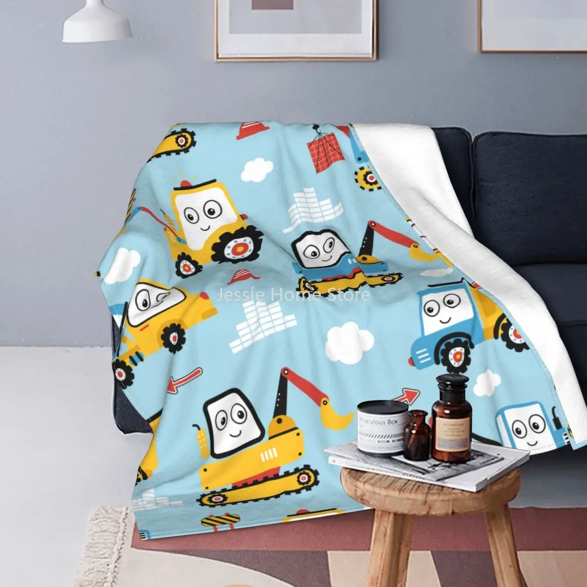 

Cartoon Truck Excavator Blankets Flannel Spring/Autumn Construction Backhoe Cranes Equipment Throw Blankets Home Rug Piece