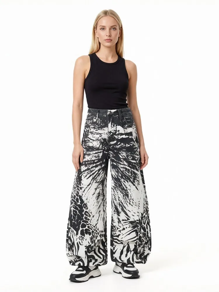 Retro Distressed 3D Printed Washed Gothic Grunge Loose Wide Leg Women's Jeans Pants Trousers for Women Men Streetwear
