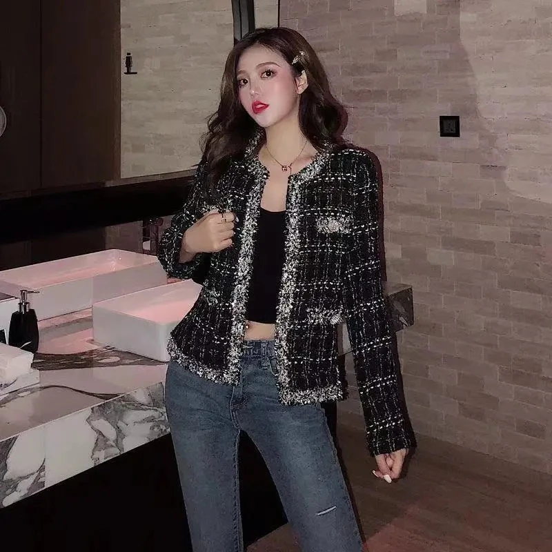 

Spring Autumn 2024 Korean Fringed Fancy Lace Tweed Jacket Women Outwear Fashion Loose Retro Plaid Short Cardigan Woolen Coat Top