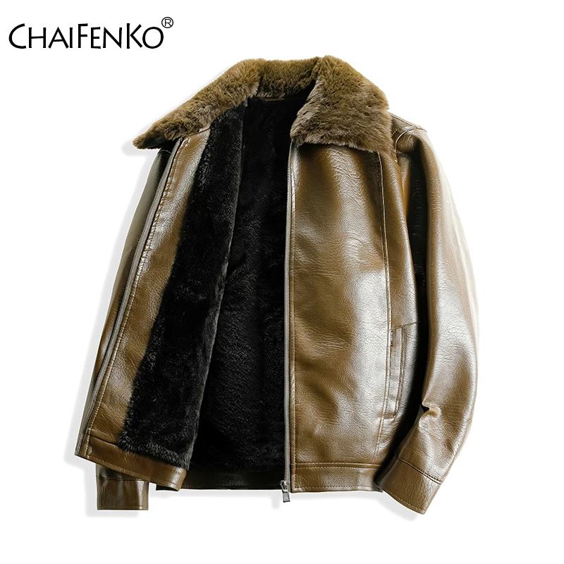 New Fashion Fleece Thickening Man Coats Winter Solid Outdoors Flip Collar Tops Leisur Big Pocket Retro Style Leather Jackets Man