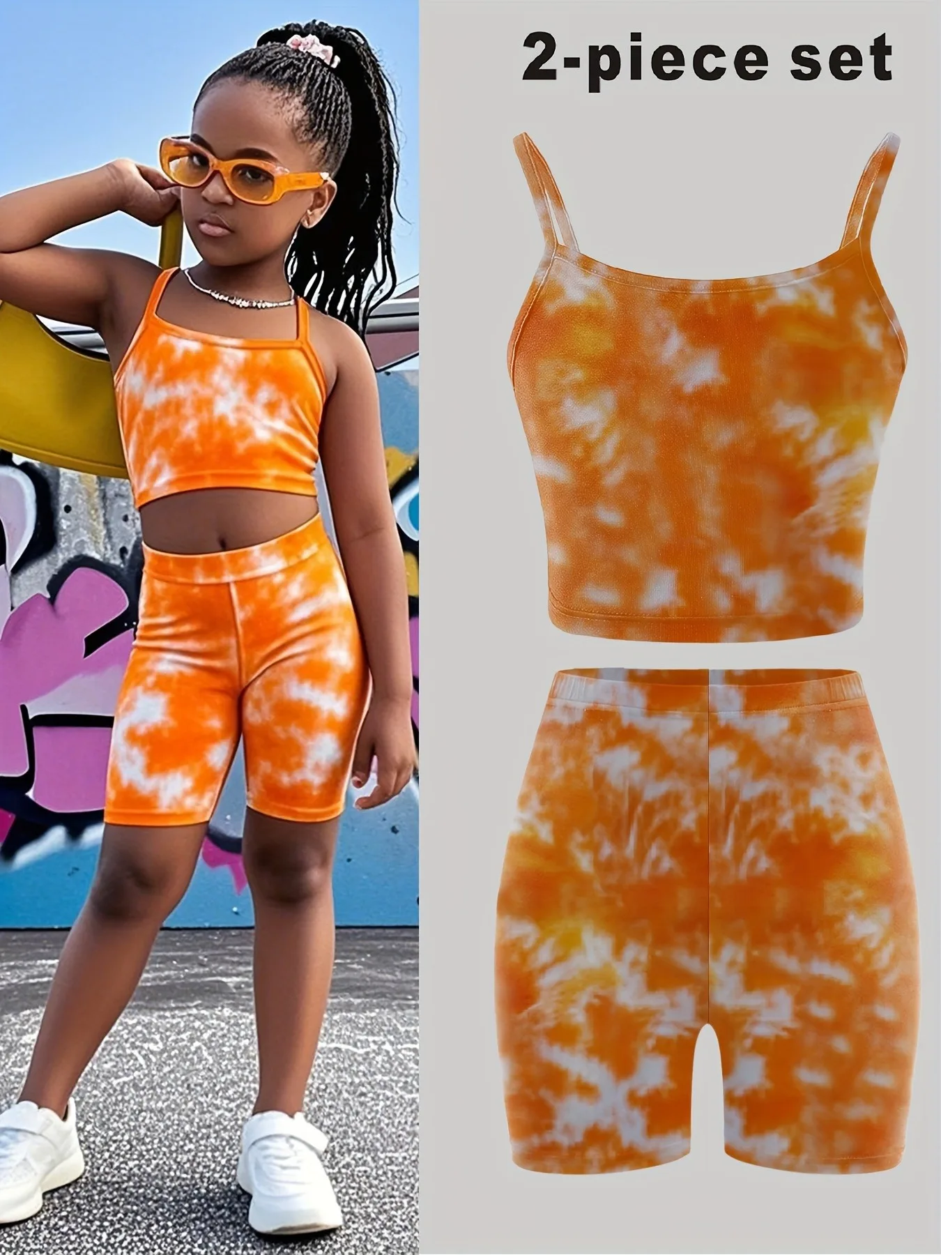 Trendy Girls 2Pcs Orange Tie Dye Co-ord, Vibrant Orange & White Cami Crop Top & Biker Shorts Summer Outfit
