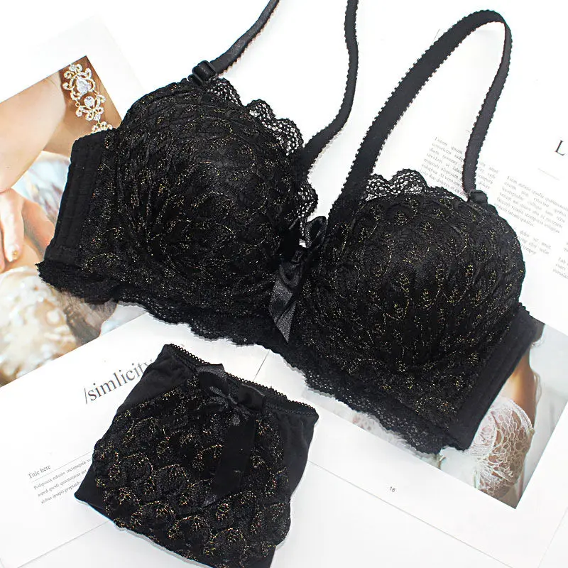 Women Underwear Sets Small Chest Gathered No Steel Ring Thin Section Summer Beautiful Back Sexy Temptation Young Ladies Bra Set