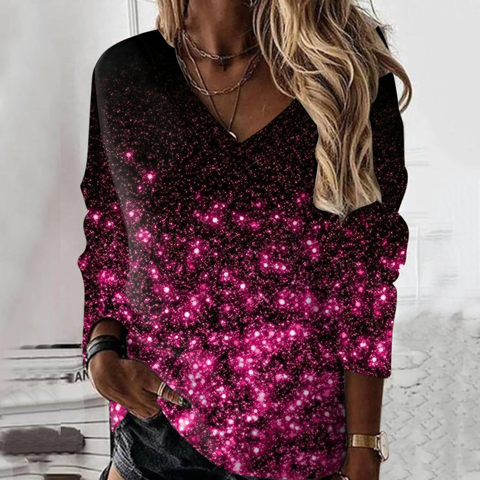 Long Sleeve T Shirts Women Glitter Print V Neck Ladies Large Size Loose Tunic Tops Pullovers Female 2024 Streetwear Tee Shirts