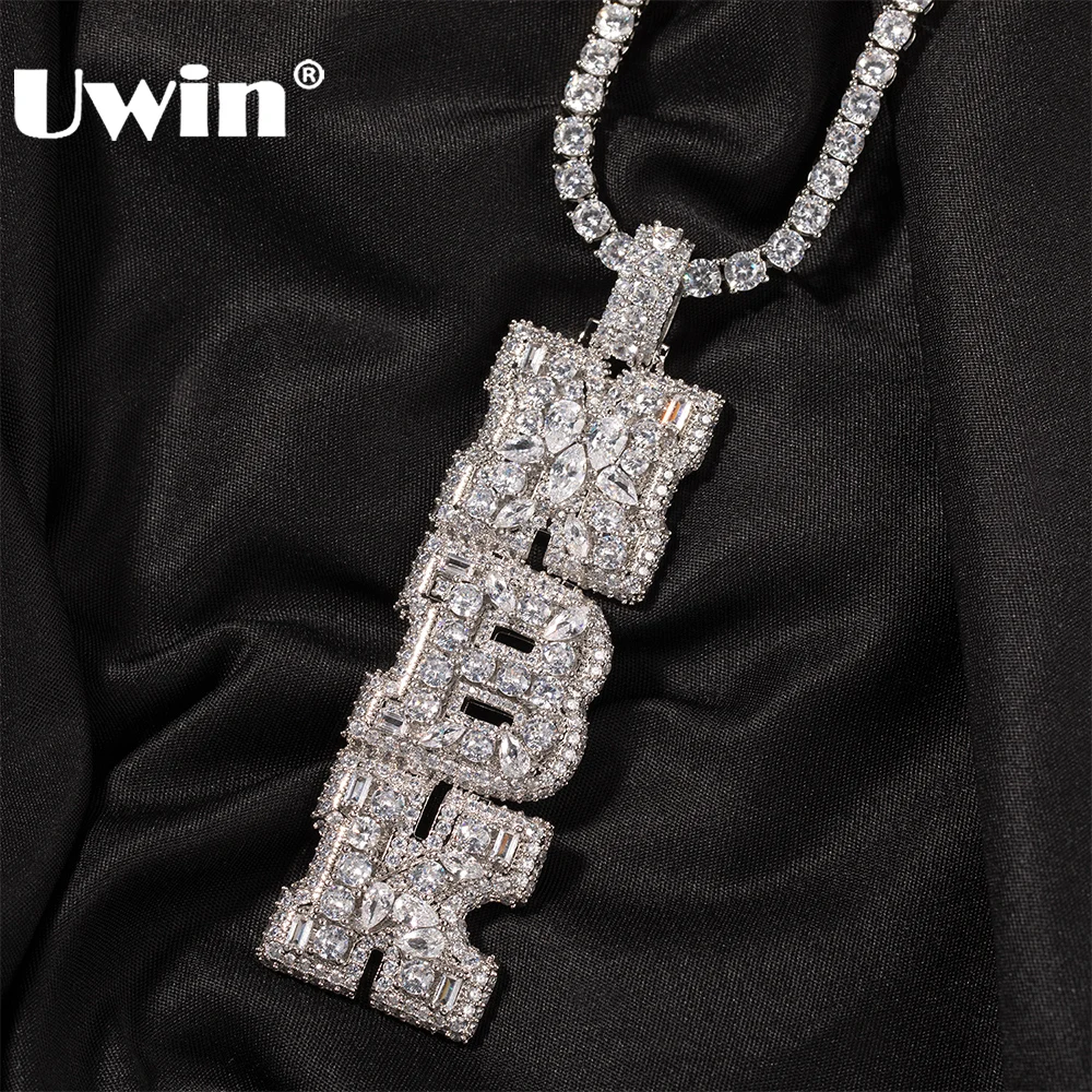 

UWIN Custom CZ Bold Name Necklaces Iced Prong Setting 5A+ Irregular Baguettecz Letter Pendants Personalized Fashion Jewelry