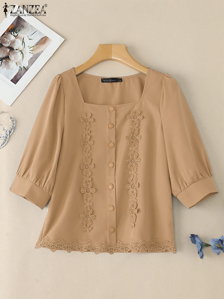 ZANZEA Vrouw Kant Patchwork Blouses Elegante Vierkante Hals 3/4 Bladerdeeg Mouw Casual Blusas Mujer 2025 Herfst Mode Effen Kleur Tops