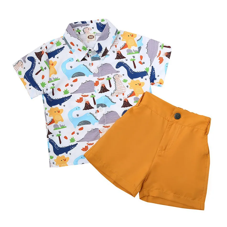 

Children's Daily Casual Set Boys Dinosaur Printed Shirt Same Color Shorts Two Piece Set For Children's Clothing