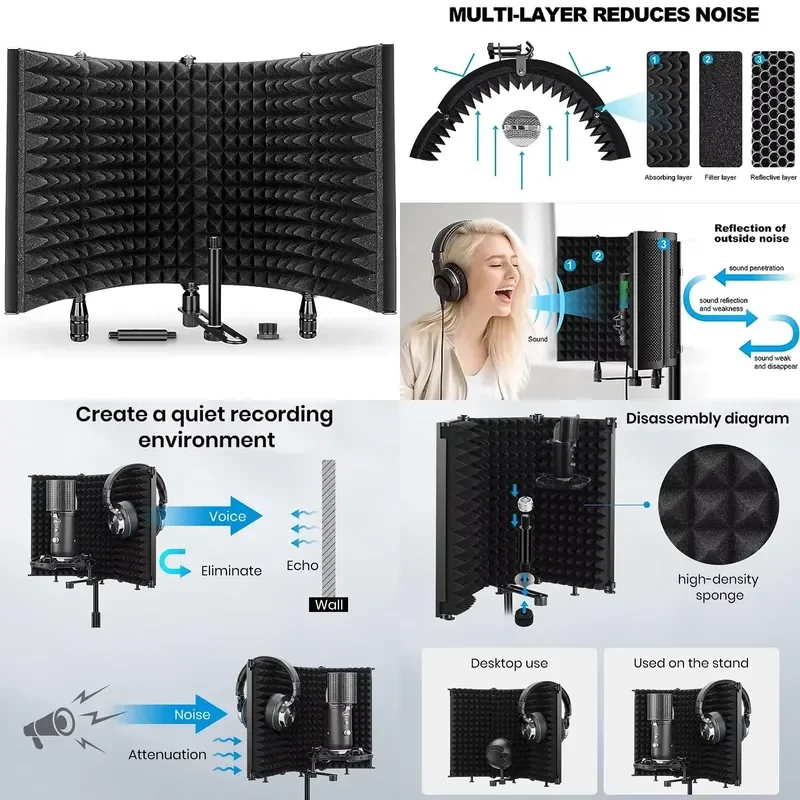 Foldable Studio Microphone Shield 5 Panel Adjustable Microphone Shield Isolation Reflection Filter Vocal Booth for Recording