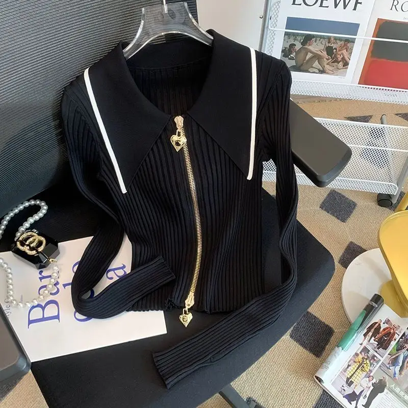 

Polo Collar Slim Knitting Cardigan Women Autumn Winter Simplicity Office Lady Solid Color Sweater Fashion Zipper Knitwear Tops