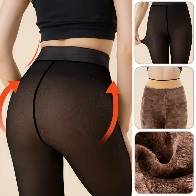 Nouveau hiver chaud noir marron Leggings Sexy collants thermiques femmes polaire collants dames faux translucide bas thermiques