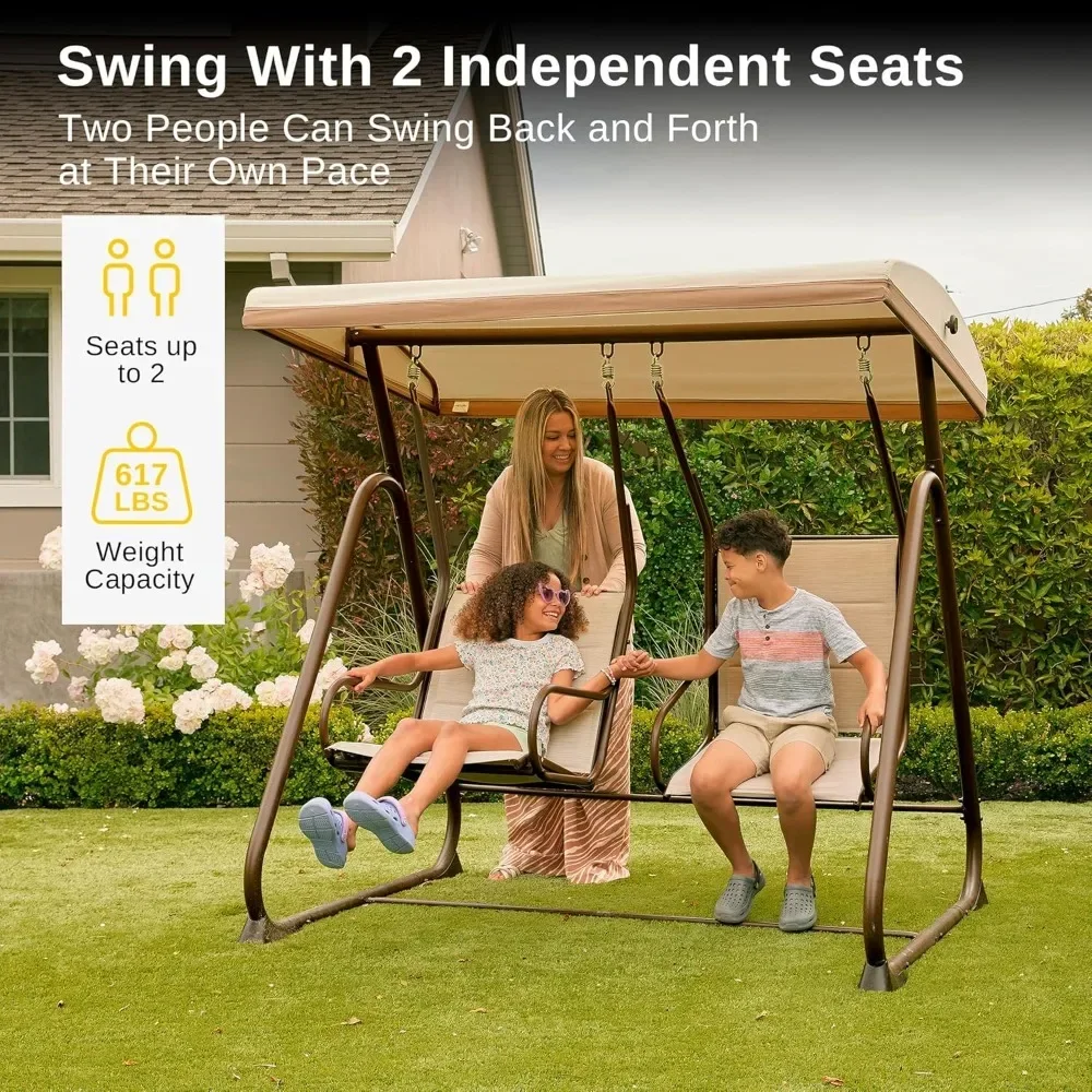 2-Person Outdoor Patio Swing Chair with Adjustable Canopy, Porch Swing with Comfortable and Breathable Seats, Independent Swing