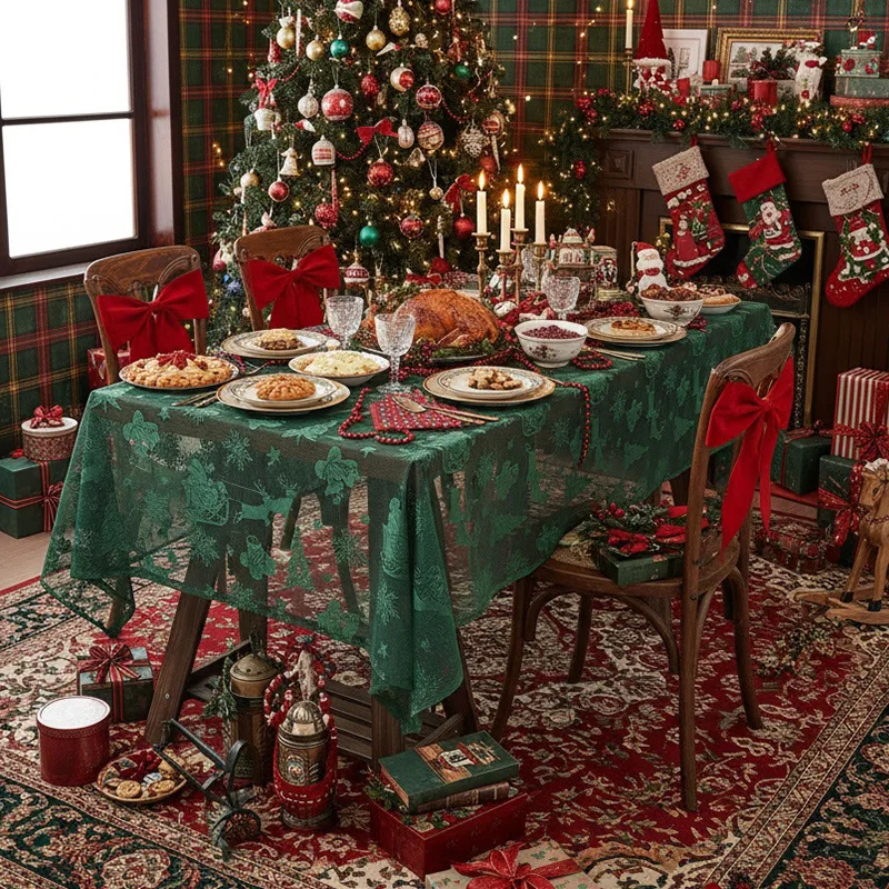 American Green Lace Tablecloth Christmas Themed Living Room Bedroom Dining Table Table Cloth Cover for Home Table Decoration