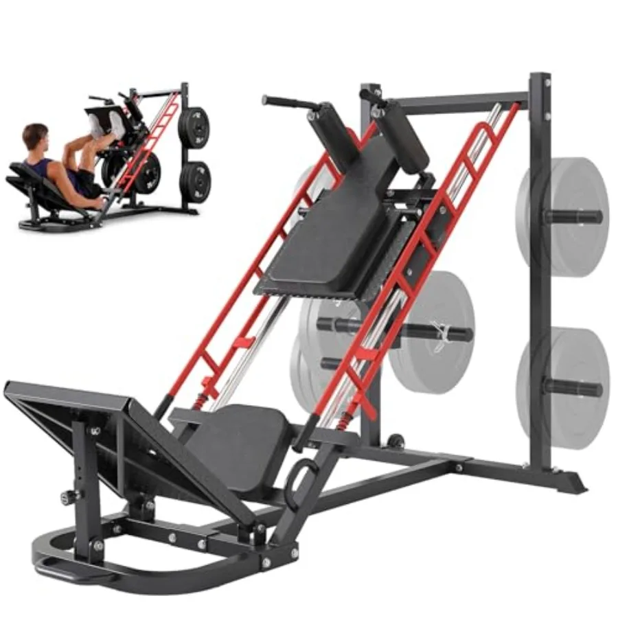Home gym leg press hack squat machine combo, steel frame, black finish, adjustable seat and footplate for full lower body worko