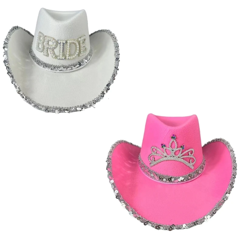 Rhinestones Crowns Cowgirls Hat for Women Roll Brims Role Play Cowgirl Hat Wedding Party Props Bachelorettes Party Headwear